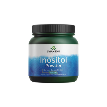 A 227g container of Swanson Inositol Powder - 100% Pure, a dietary supplement with a black lid and white-blue label on a white background, supports nervous system health.